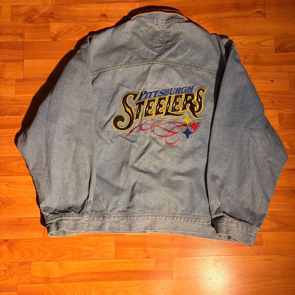 Pittsburgh Steelers Embroidered Denim Jacket Leather Collar NFL XL Streetwear